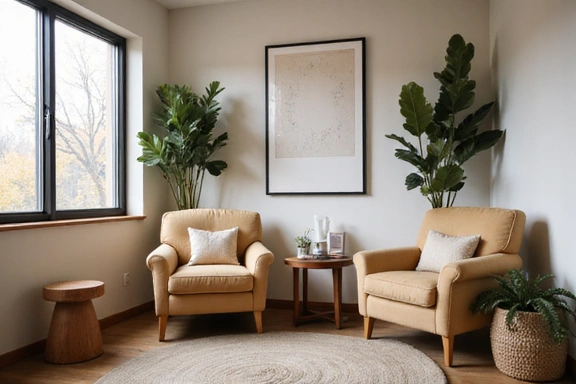 Angolo relax nello studio con poltrone confortevoli e illuminazione soffusa.