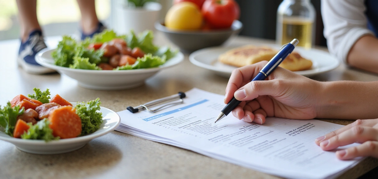 Immagine che rappresenta vari aspetti di una vita sana e cure personalizzate, come una persona che si allena, un pasto equilibrato e una consultazione.